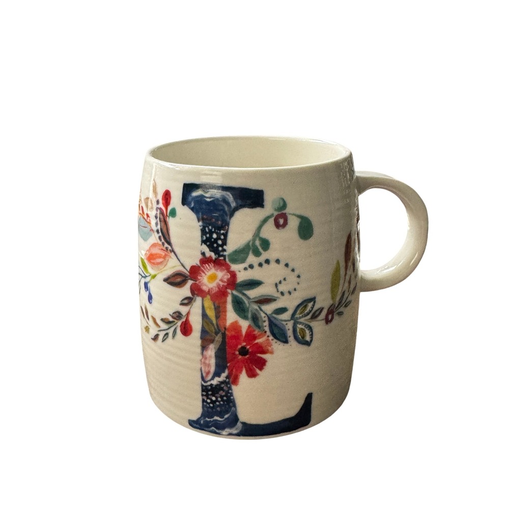 Anthropologie Starla M Halfmann Monogram L Floral Ceramic Coffee Mug Cream Multi - Picture 6 of 6